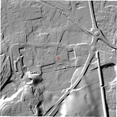 Shaded relief map of the ground around HG41TN, computed from Environment Agency LiDAR. The ground here sits at about 22 m above sea level and falls 20 m across the surrounding 800 m. Surface water reaching this point runs off ground lying to the south-west, 16.3 m higher.