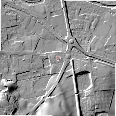 Shaded relief map of the ground around HG41TT, computed from Environment Agency LiDAR. The ground here sits at about 24 m above sea level and falls 19 m across the surrounding 800 m. Surface water reaching this point runs off ground lying to the east-south-east, 6.2 m higher.