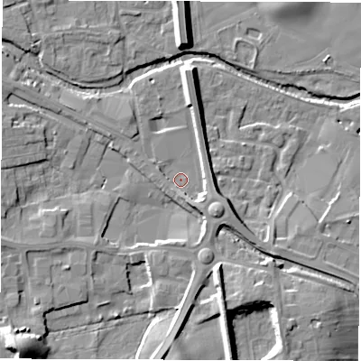 Shaded relief map of the ground around HG41UE, computed from Environment Agency LiDAR. The ground here sits at about 21 m above sea level and falls 16 m across the surrounding 800 m. Surface water reaching this point runs off ground lying to the south-east, 5.2 m higher.