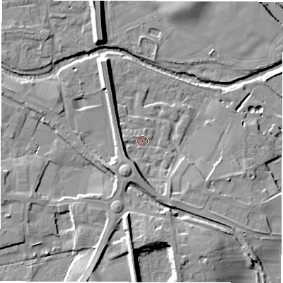 Shaded relief map of the ground around HG41UF, computed from Environment Agency LiDAR. The ground here sits at about 21 m above sea level and falls 13 m across the surrounding 800 m. Surface water reaching this point runs off ground lying to the south-south-west, 5.8 m higher.