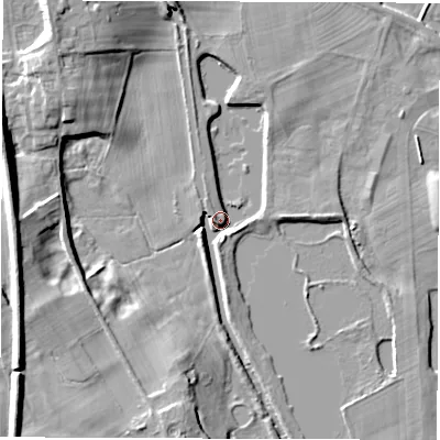 Shaded relief map of the ground around HG41UG, computed from Environment Agency LiDAR. The ground here sits at about 20 m above sea level and falls 13 m across the surrounding 800 m. Surface water reaching this point runs off ground lying to the south-west, 12.4 m higher.