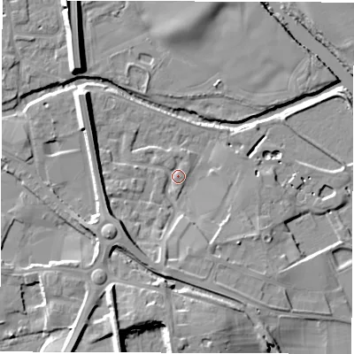 Shaded relief map of the ground around HG41UH, computed from Environment Agency LiDAR. The ground here sits at about 21 m above sea level and falls 13 m across the surrounding 800 m. Surface water reaching this point runs off ground lying to the south-west, 8.5 m higher.