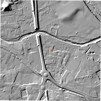 Shaded relief map of the ground around HG41UJ, computed from Environment Agency LiDAR. The ground here sits at about 21 m above sea level and falls 21 m across the surrounding 800 m. Surface water reaching this point runs off ground lying to the south, 8.5 m higher.