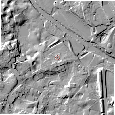Shaded relief map of the ground around HG41UR, computed from Environment Agency LiDAR. The ground here sits at about 24 m above sea level and falls 28 m across the surrounding 800 m. Surface water reaching this point runs off ground lying to the south-south-west, 3.3 m higher.
