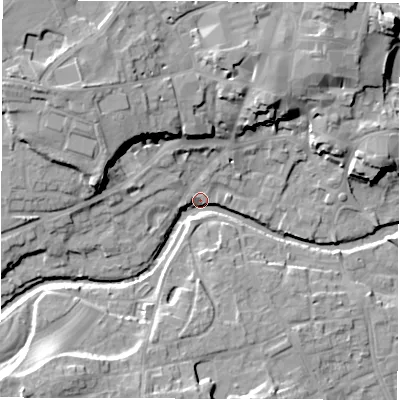Shaded relief map of the ground around HG41WF, computed from Environment Agency LiDAR. The ground here sits at about 27 m above sea level and falls 19 m across the surrounding 800 m. Surface water reaching this point runs off ground lying to the north-west, 17.0 m higher.