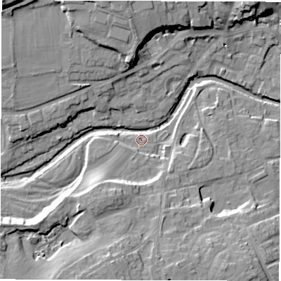 Shaded relief map of the ground around HG42JH, computed from Environment Agency LiDAR. The ground here sits at about 27 m above sea level and falls 19 m across the surrounding 800 m. Surface water reaching this point runs off ground lying to the south-south-west, 9.0 m higher.