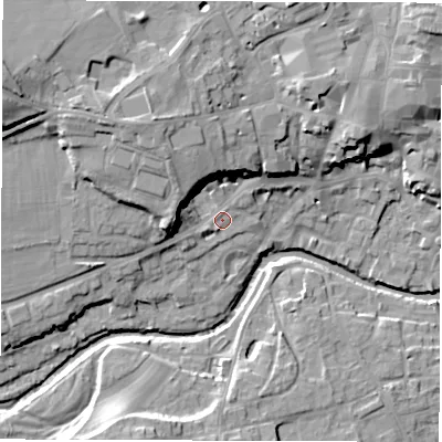 Shaded relief map of the ground around HG42PT, computed from Environment Agency LiDAR. The ground here sits at about 29 m above sea level and falls 20 m across the surrounding 800 m. Surface water reaching this point runs off ground lying to the north-west, 11.4 m higher.