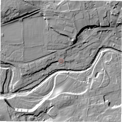 Shaded relief map of the ground around HG42PW, computed from Environment Agency LiDAR. The ground here sits at about 30 m above sea level and falls 22 m across the surrounding 800 m. Surface water reaching this point runs off ground lying to the north-west, 17.4 m higher.