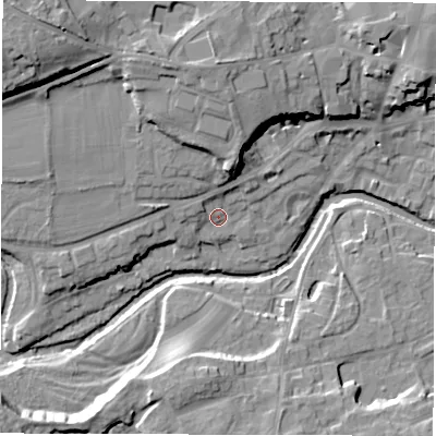 Shaded relief map of the ground around HG42PX, computed from Environment Agency LiDAR. The ground here sits at about 29 m above sea level and falls 22 m across the surrounding 800 m. Surface water reaching this point runs off ground lying to the north, 13.0 m higher.