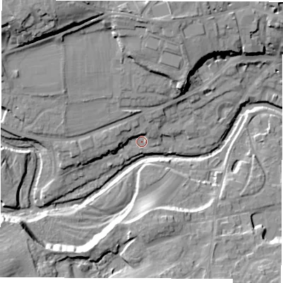 Shaded relief map of the ground around HG42PZ, computed from Environment Agency LiDAR. The ground here sits at about 27 m above sea level and falls 22 m across the surrounding 800 m. Surface water reaching this point runs off ground lying to the west, 4.9 m higher.
