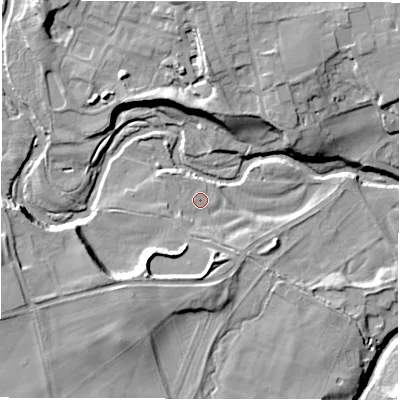 Shaded relief map of the ground around HG42QR, computed from Environment Agency LiDAR. The ground here sits at about 37 m above sea level and falls 21 m across the surrounding 800 m. Surface water reaching this point runs off ground lying to the south-west, 10.1 m higher.