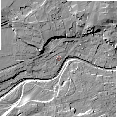 Shaded relief map of the ground around HG42TB, computed from Environment Agency LiDAR. The ground here sits at about 27 m above sea level and falls 19 m across the surrounding 800 m. Surface water reaching this point runs off ground lying to the west-north-west, 3.6 m higher.