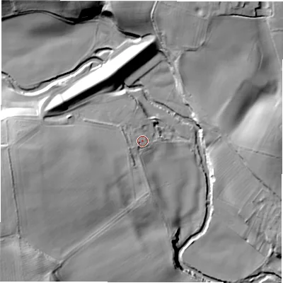 Shaded relief map of the ground around HG43AH, computed from Environment Agency LiDAR. The ground here sits at about 59 m above sea level and falls 38 m across the surrounding 800 m. Surface water reaching this point runs off ground lying to the west-south-west, 23.7 m higher.