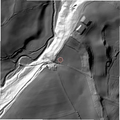Shaded relief map of the ground around HG43AL, computed from Environment Agency LiDAR. The ground here sits at about 95 m above sea level and falls 50 m across the surrounding 800 m. Surface water reaching this point runs off ground lying to the north-east, 18.9 m higher.