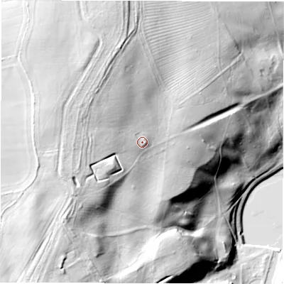 Shaded relief map of the ground around HG43DY, computed from Environment Agency LiDAR. The ground here sits at about 107 m above sea level and falls 55 m across the surrounding 800 m. Surface water reaching this point runs off ground lying to the west, 11.2 m higher.