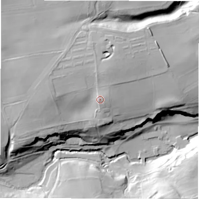 Shaded relief map of the ground around HG43DZ, computed from Environment Agency LiDAR. The ground here sits at about 114 m above sea level and falls 42 m across the surrounding 800 m. Surface water reaching this point runs off ground lying to the east-north-east, 1.6 m higher.