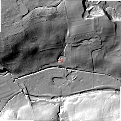 Shaded relief map of the ground around HG43ES, computed from Environment Agency LiDAR. The ground here sits at about 112 m above sea level and falls 45 m across the surrounding 800 m. Surface water reaching this point runs off ground lying to the north-west, 32.9 m higher.