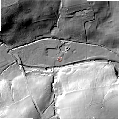 Shaded relief map of the ground around HG43ET, computed from Environment Agency LiDAR. The ground here sits at about 108 m above sea level and falls 49 m across the surrounding 800 m. Surface water reaching this point runs off ground lying to the west, 8.0 m higher.