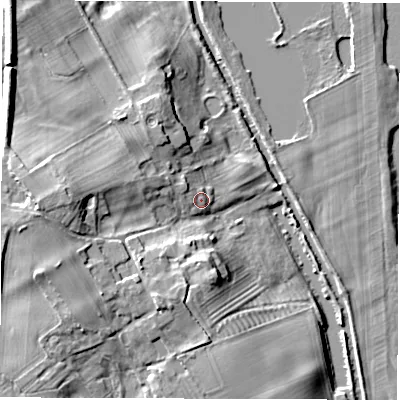 Shaded relief map of the ground around HG43FE, computed from Environment Agency LiDAR. The ground here sits at about 23 m above sea level and falls 16 m across the surrounding 800 m. Surface water reaching this point runs off ground lying to the west-north-west, 1.9 m higher.