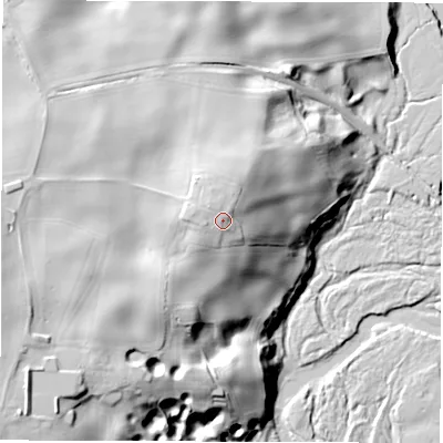 Shaded relief map of the ground around HG43HJ, computed from Environment Agency LiDAR. The ground here sits at about 51 m above sea level and falls 33 m across the surrounding 800 m. Surface water reaching this point runs off ground lying to the north-west, 1.5 m higher.