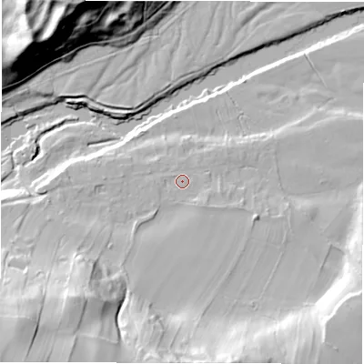 Shaded relief map of the ground around HG43JE, computed from Environment Agency LiDAR. The ground here sits at about 59 m above sea level and falls 47 m across the surrounding 800 m. Surface water reaching this point runs off ground lying to the south-west, 37.7 m higher.