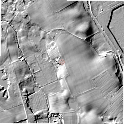 Shaded relief map of the ground around HG43LR, computed from Environment Agency LiDAR. The ground here sits at about 26 m above sea level and falls 14 m across the surrounding 800 m. Surface water reaching this point runs off ground lying to the north, 2.7 m higher.