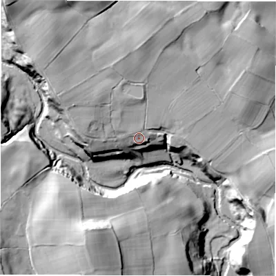 Shaded relief map of the ground around HG43NS, computed from Environment Agency LiDAR. The ground here sits at about 135 m above sea level and falls 35 m across the surrounding 800 m. Surface water reaching this point runs off ground lying to the west-north-west, 3.9 m higher.