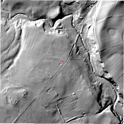 Shaded relief map of the ground around HG43NT, computed from Environment Agency LiDAR. The ground here sits at about 144 m above sea level and falls 41 m across the surrounding 800 m. Surface water reaching this point runs off ground lying to the south-west, 20.3 m higher.