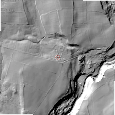 Shaded relief map of the ground around HG43PG, computed from Environment Agency LiDAR. The ground here sits at about 138 m above sea level and falls 47 m across the surrounding 800 m. Surface water reaching this point runs off ground lying to the west-south-west, 9.2 m higher.