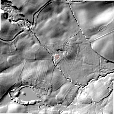 Shaded relief map of the ground around HG43QD, computed from Environment Agency LiDAR. The ground here sits at about 111 m above sea level and falls 26 m across the surrounding 800 m. Surface water reaching this point runs off ground lying to the west-north-west, 19.3 m higher.