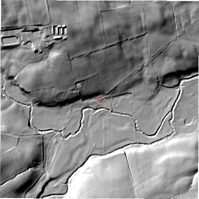 Shaded relief map of the ground around HG43QP, computed from Environment Agency LiDAR. The ground here sits at about 142 m above sea level and falls 43 m across the surrounding 800 m. Surface water reaching this point runs off ground lying to the north-north-west, 36.3 m higher.