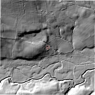 Shaded relief map of the ground around HG43QW, computed from Environment Agency LiDAR. The ground here sits at about 142 m above sea level and falls 37 m across the surrounding 800 m. Surface water reaching this point runs off ground lying to the north-west, 28.6 m higher.