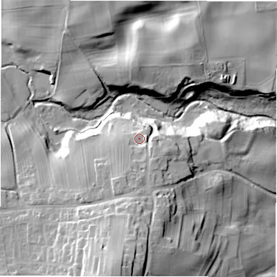 Shaded relief map of the ground around HG43RT, computed from Environment Agency LiDAR. The ground here sits at about 138 m above sea level and falls 38 m across the surrounding 800 m. Surface water reaching this point runs off ground lying to the south, 6.3 m higher.
