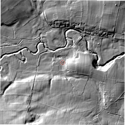 Shaded relief map of the ground around HG43SY, computed from Environment Agency LiDAR. The ground here sits at about 133 m above sea level and falls 24 m across the surrounding 800 m. Surface water reaching this point runs off ground lying to the south, 16.6 m higher.