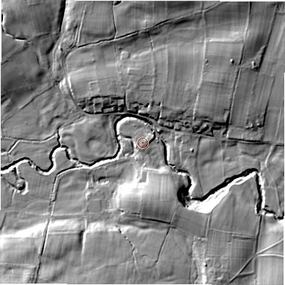 Shaded relief map of the ground around HG43TD, computed from Environment Agency LiDAR. The ground here sits at about 133 m above sea level and falls 17 m across the surrounding 800 m. Surface water reaching this point runs off ground lying to the south, 0.7 m higher.