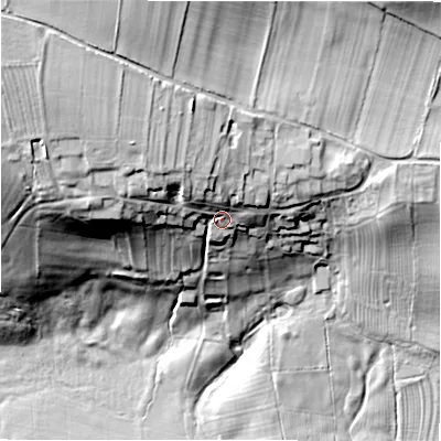 Shaded relief map of the ground around HG44BB, computed from Environment Agency LiDAR. The ground here sits at about 123 m above sea level and falls 51 m across the surrounding 800 m. Surface water reaching this point runs off ground lying to the north-north-west, 9.9 m higher.