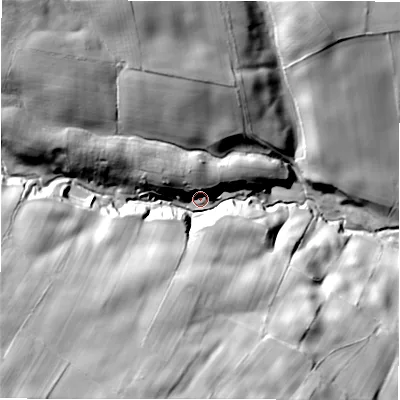 Shaded relief map of the ground around HG44BL, computed from Environment Agency LiDAR. The ground here sits at about 163 m above sea level and falls 54 m across the surrounding 800 m. Surface water reaching this point runs off ground lying to the south-west, 42.6 m higher.