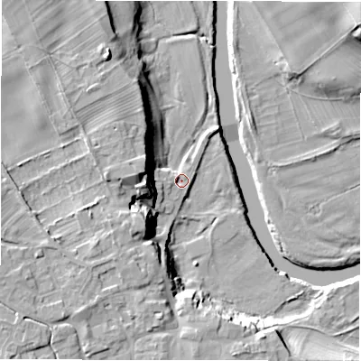 Shaded relief map of the ground around HG44DB, computed from Environment Agency LiDAR. The ground here sits at about 76 m above sea level and falls 18 m across the surrounding 800 m. Surface water reaching this point runs off ground lying to the west, 13.2 m higher.