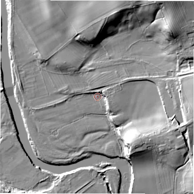 Shaded relief map of the ground around HG44DD, computed from Environment Agency LiDAR. The ground here sits at about 74 m above sea level and falls 30 m across the surrounding 800 m. Surface water reaching this point runs off ground lying to the north-east, 27.4 m higher.