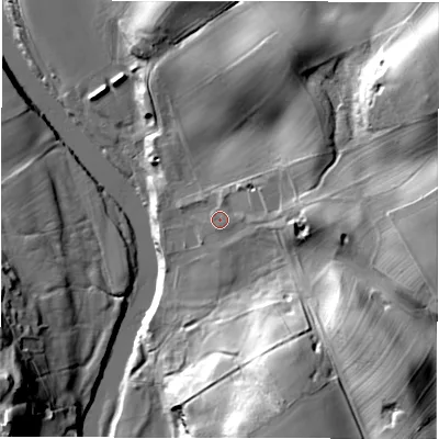 Shaded relief map of the ground around HG44DL, computed from Environment Agency LiDAR. The ground here sits at about 77 m above sea level and falls 46 m across the surrounding 800 m. Surface water reaching this point runs off ground lying to the east, 10.8 m higher.