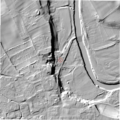 Shaded relief map of the ground around HG44DS, computed from Environment Agency LiDAR. The ground here sits at about 76 m above sea level and falls 19 m across the surrounding 800 m. Surface water reaching this point runs off ground lying to the north-west, 12.0 m higher.