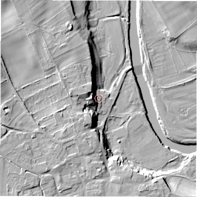 Shaded relief map of the ground around HG44DU, computed from Environment Agency LiDAR. The ground here sits at about 77 m above sea level and falls 18 m across the surrounding 800 m. Surface water reaching this point runs off ground lying to the west-north-west, 11.0 m higher.