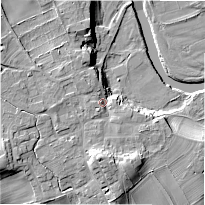 Shaded relief map of the ground around HG44DX, computed from Environment Agency LiDAR. The ground here sits at about 84 m above sea level and falls 22 m across the surrounding 800 m. Surface water reaching this point runs off ground lying to the south, 12.6 m higher.