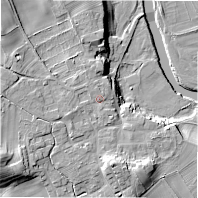 Shaded relief map of the ground around HG44EH, computed from Environment Agency LiDAR. The ground here sits at about 86 m above sea level and falls 26 m across the surrounding 800 m. Surface water reaching this point runs off ground lying to the west, 3.8 m higher.
