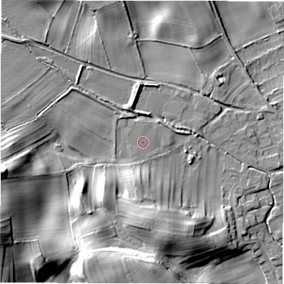 Shaded relief map of the ground around HG44EL, computed from Environment Agency LiDAR. The ground here sits at about 91 m above sea level and falls 22 m across the surrounding 800 m. The ground contributing surface water to this point lies to the west-north-west.