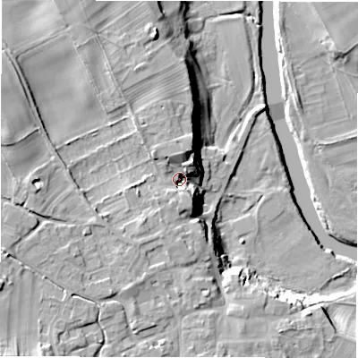 Shaded relief map of the ground around HG44EN, computed from Environment Agency LiDAR. The ground here sits at about 84 m above sea level and falls 22 m across the surrounding 800 m. Surface water reaching this point runs off ground lying to the west-north-west, 10.4 m higher.