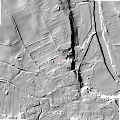 Shaded relief map of the ground around HG44EP, computed from Environment Agency LiDAR. The ground here sits at about 85 m above sea level and falls 27 m across the surrounding 800 m. Surface water reaching this point runs off ground lying to the west-north-west, 7.1 m higher.