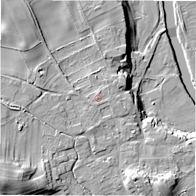 Shaded relief map of the ground around HG44ER, computed from Environment Agency LiDAR. The ground here sits at about 87 m above sea level and falls 29 m across the surrounding 800 m. Surface water reaching this point runs off ground lying to the south-west, 0.7 m higher.