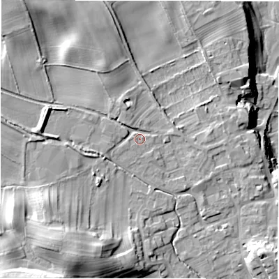 Shaded relief map of the ground around HG44ES, computed from Environment Agency LiDAR. The ground here sits at about 88 m above sea level and falls 30 m across the surrounding 800 m. Surface water reaching this point runs off ground lying to the west-south-west, 9.3 m higher.