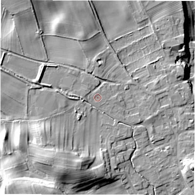 Shaded relief map of the ground around HG44EU, computed from Environment Agency LiDAR. The ground here sits at about 89 m above sea level and falls 31 m across the surrounding 800 m. Surface water reaching this point runs off ground lying to the north-north-west, 0.5 m higher.